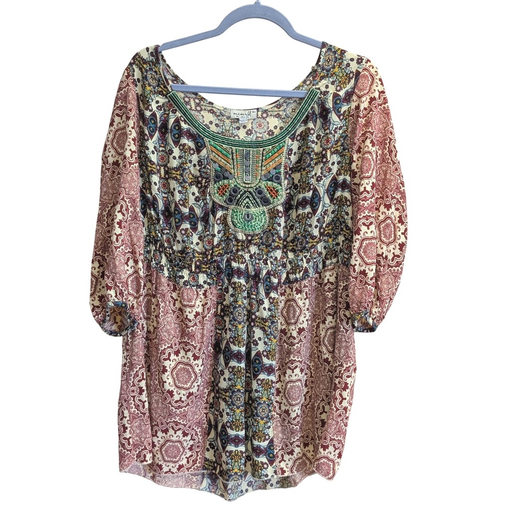 Boho Embroidered Peasant Blouse 1x Ornate Tribal Medallion Festival Hippie 60's - Picture 2 of 14